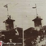Para pemuda menurunkan dan menaikkan bendera di hotel Yamato