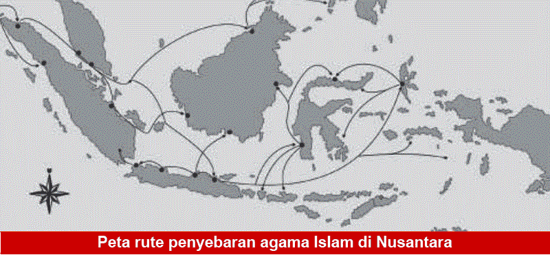 Perkembangan Pengaruh Islam Di Indonesia 1 Gambar Peta rute penyebaran agama Islam di Nusantara